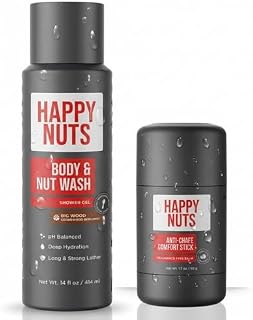 HAPPY NUTS Big Wood Body Wash 14oz & Fragrance-Free Anti-Chafe Stick Bundle - Complete Men's Grooming with All-Day Odor & Chafe Protection