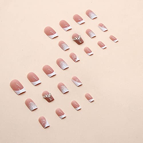 24Pcs Press On Nails Short Square French Tip Fake Nails Full Cover Stick On Nails Short French False Nails With Shiny Nude Glue Acrylic Nails Manicure Decorations For Women And Girls #TOP1