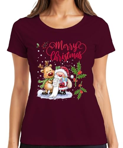 Merry Christmas Santa Reno Lista de deseos Muérdago - Camiseta de Navidad para mujer, granate, XL