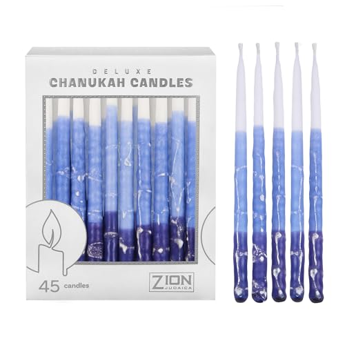Deluxe Chanukah Candles for Menorah - Decorative Hanukkah Candles Set of 45 Multi Blue Thin Tapered Frosted Candle Hand Made Includes a DIY Dreidel, Prayer Song Card by Zion Judaica (Blue Elegance) - Thumbnail 3