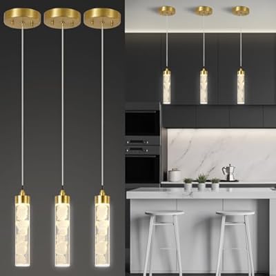 Pendant Lights Kitchen Island 3 Pack, Modern Mini Pendant Light Fixtures with Crystal Stone, Dimmable LED Chandelier, Gold Hanging Light Fixture for Dining Room Hallway, 3000-5000K Adjustable, ETL