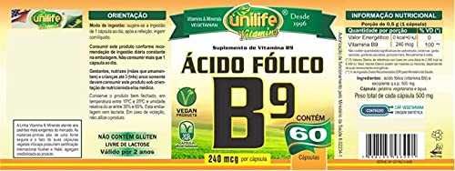 Vitamina B9 (Ácido Fólico) - 3 unidades de 60 Cápsulas - Unilife
