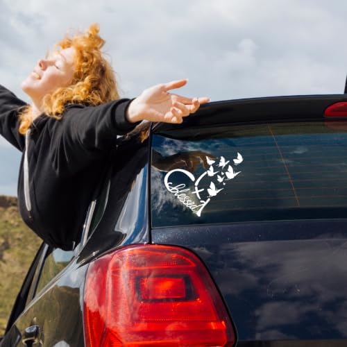 Image of Blessed Cross & Butterfly Heart Decal- 8.6 inchx7.5 inch Inspirational Faith Waterproof Vinyl Sticker for Car, Truck, Window, Bumper, Laptop, Wall (Heart-White)