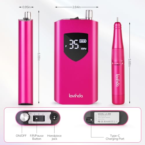 Lavinda Professional Nail Drill 35000 RPM, Cordless Rechargeable Electric Nail File for Acrylic Gel Nails, Efile Nail Drill Machine for Home and Salon Use (Viva Magenta) — view 6
