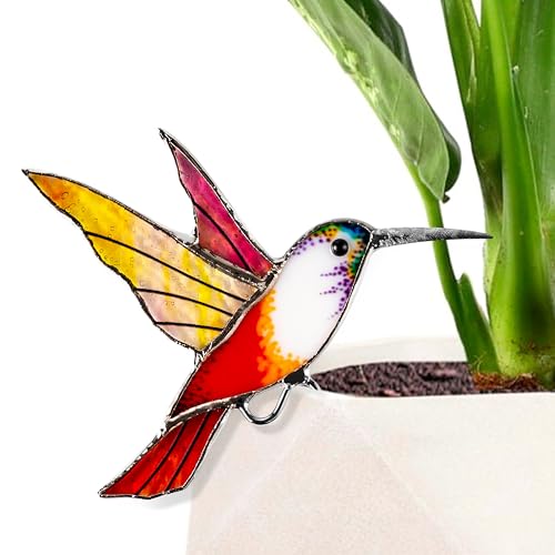 HiloraLucere Suncatcher Stained Glass Garden Stake, Flowerpot Decoration Sunroom Window Light Catcher Art, Vintage Village Style Real Glass Plant Pot Decor for Women Mothers Day (Hummingbird)