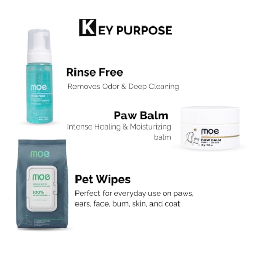 Image of Moe Puppy Waterless Grooming Kit for Dogs & Cats | Rinse Free Shampoo 150ml + Paw Balm 30gm + Deodorizer Spray 100ml + Ear Care+ 100ml + Derma Wipes 50 Pcs | Complete Pet Grooming & Hygiene Kit