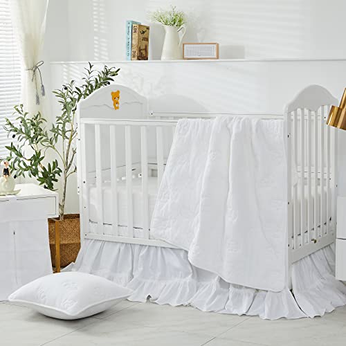 Image of Brandream Crib Bed Skirt for Baby Girls Boys White Boho Bohemian Solid Cotton Toddler Bedskirt Farmhouse Chic Ruffle