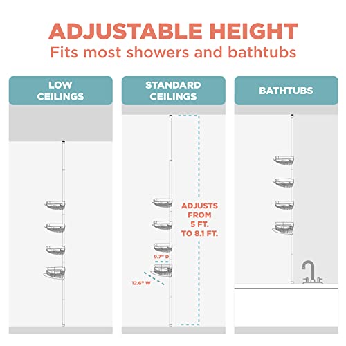 Zenna Home Rust-Resistant Corner Shower Caddy For Bathroom, 4 Adjustable Shelves With Towel Bar And Hooks, With Tension Pole, For Bath And Shower Storage, 60-97 Inch, Bronze #TOP4
