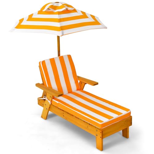 COSTWAY Tumbona de Madera Infantil con sombrilla, Silla Longue de Madera con Sombrilla Desmontable para Patio, Mueble de Jardín para Niños de 3-8 años