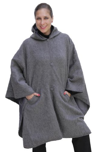 Hooded Alpaca Wool Cape Lined Hood Poncho, Gray