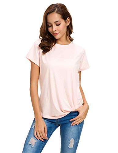 Lusmay Womens Short Sleeve Loose Twist Knot Front T Shirts Cotton Casual Blouse Pink #TOP5