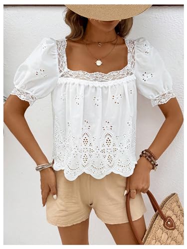 SweatyRocks Women's Square Neck Puff Sleeve Eyelet Lace Hollow Out Embroidered Top Blouse4