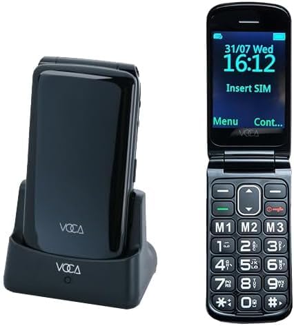 Teléfono plegable VOCA con botones grandes para personas mayores | 4G LTE libre | Volumen alto | Botón SOS | Marcación rápida | Texto predictivo | Base de carga | V340 (Negro)