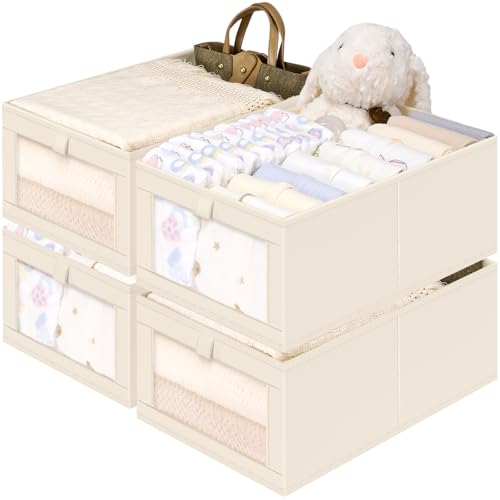 Criusia Linen Closet Organizers and Storage, 4 Pack Linen Closet Baskets with Mesh Window for Organization, Foldable Closet Organizer for Clothing, Towels, Toys, Nursery, Books, Shelves, Beige