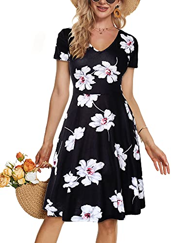 FENSACE Women's Summer Short Sleeve V-Neck Floral Short Party Dress with Pockets(Large,Floral Black)