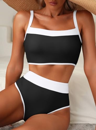 Herseas Women's Two Tone Patchwork Bikini Sets U Neck Swimsuit High Waisted Bathing Suit4