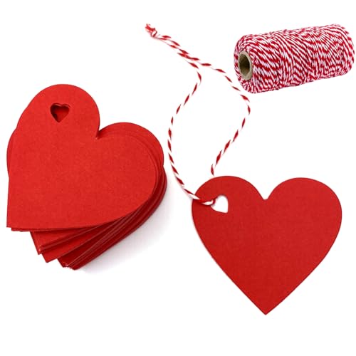 FUGUIR 100 Pcs Red Gift Tags Valentine Heart Shaped Paper Tags Red Heart Cutouts with 300 Feet String for Valentines Day Mothers Day Wedding Party Gift Wrapping Hang Labels