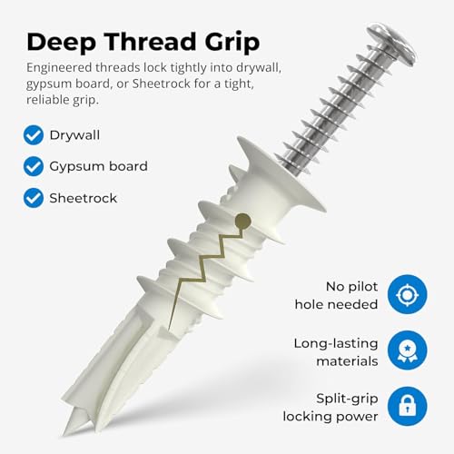 Image of Qualihome Drywall Anchors with Screws - Self-Drilling Drywall Anchors, Anti-Spin Grip, No Pre-Drill Wall Anchor Kit, Strong & Reliable Hold, 75 Pack (150 Pieces)