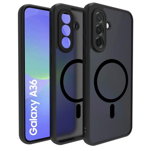 Image of RIGGEAR Shockproof Sleek Hybrid Armor Magnetic Back Cover Case Compatible with MagSafe Accessories for Samsung Galaxy A36 5G (Smoke Black Matte PC + Black TPU Bumper)