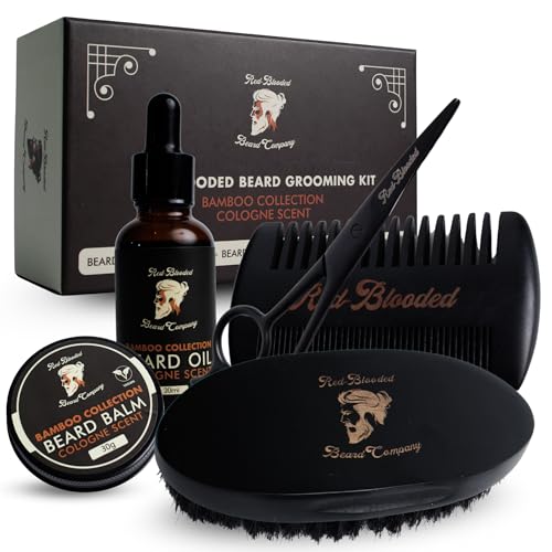Red-Blooded kit barba hombre con aceite para barba, bálsamo para barba, cepillo para barba, peine para barba y tijeras para barba. Colonia perfumada hecha con aceite de jojoba y aceite de macadamia