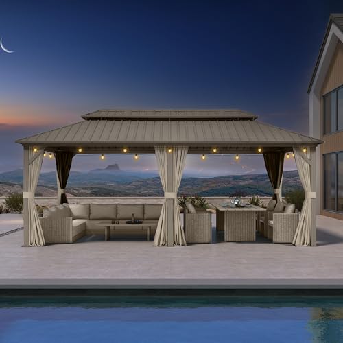 PURPLE LEAF 10' x 20' Outdoor Hardtop Gazebo, Champagne Metal Gazebo with Galvanized Steel Double Roof, Curtains and Netting for Patio Lawn and Garden