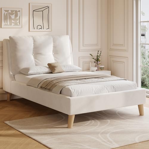 VIEKOS Cama tapizada, cama individual, cuna de 90 x 200 cm, cama con somier y cabecero, patas de madera maciza, cabecero tapizado, terciopelo, beige