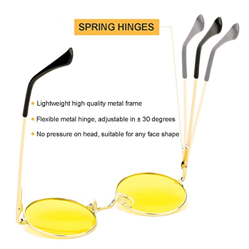 Gleyemor Polarized Round Sunglasses For Men Women Hippie Small Circle Glasses Red Yellow Lenses (Gold/Clear Yellow) #TOP4