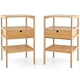 Giantex Bamboo Nightstands Set of 2, Wood Side Tables with Drawer and 2 Storage Shelves, Multifunctional Bedside Tables for Small Spaces, MCM Boho Style End Tables for Bedroom Office, Natural