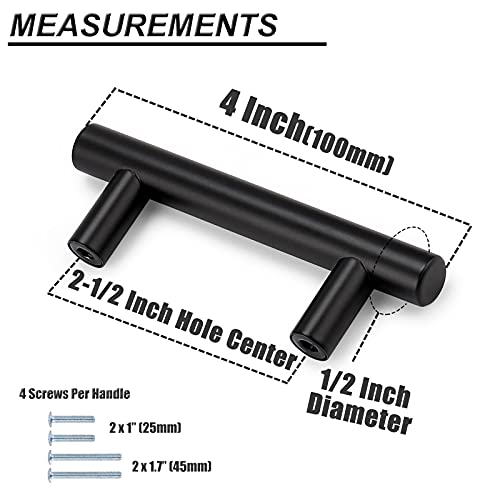 Image of Probrico 30 Pack| 4 Inch Black Cabinet Handles with 2-1 /2 Inch Hole Center Stainless Steel Cabinet Pulls Round T Bar Kitchen Cabinet Hardware Door Handles, Drawer Dresser Pulls,64mm Hole Centers