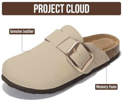 Image of Project Cloud 100% Genuine Leather Clogs for Women Shoes - Memory Foam Insole, Non-Slip & Natural Cork Footbed Arch Support Big Buckle Womens Clogs and Mules Footwear (Manchester)