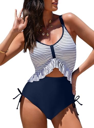 Aleumdr Women's One Piece Swimsuit Ruffle Slimming Tummy Control Bathing Suits Cutout V Neck High Cut Swimwear