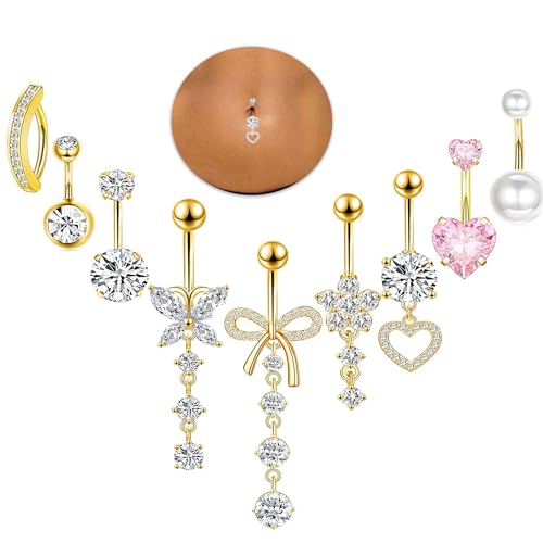 14G Gold Hoop Belly Button Ring For Women Surgical Stainless Steel Dangle Belly Rings Clicker CZ Belly Button Piercing Pack Butterly Heart Cute Flower Bow Dainty Navel Piercing Jewelry(gold)