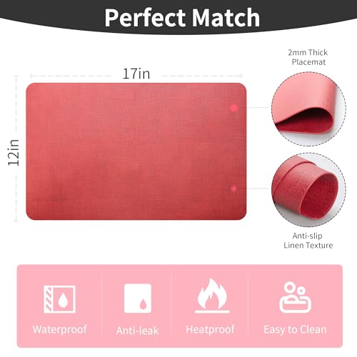 Maxpearl Faux Leather Placemats Set of 6 - Waterproof - Wipe Clean - Heat Resistant - Anti Slip Dining Table Place Mats, Suitable for Indoor & Outdoor Use, 17’’x12’’, Red