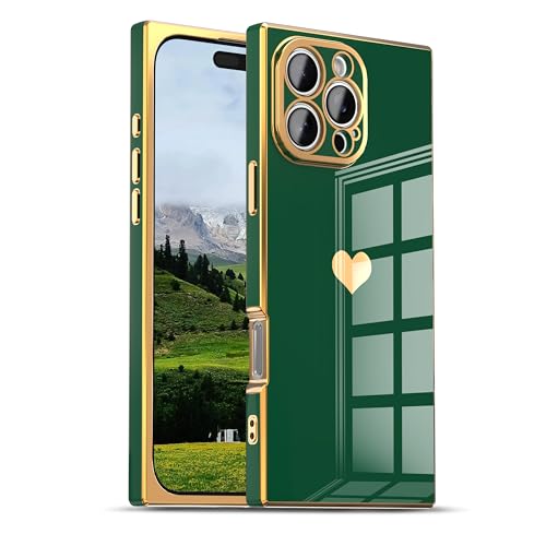 IAIYOXI Case for iPhone 15 Pro - Rectangle Design, Full Camera Protection, Cute Heart Pattern, Electroplated Reinforced Corners, Shockproof Edge Bumper,Compatible with iPhone 15 Pro,Green by IAIYOXI - Used condition - US$6.59