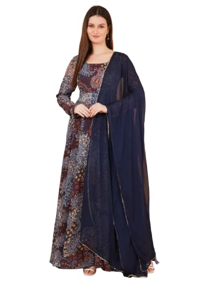 Designer Anarkali Dress with Dupatta, Navy Blue Paisley Print, Full Length Gown with Long Sleeves-image-40