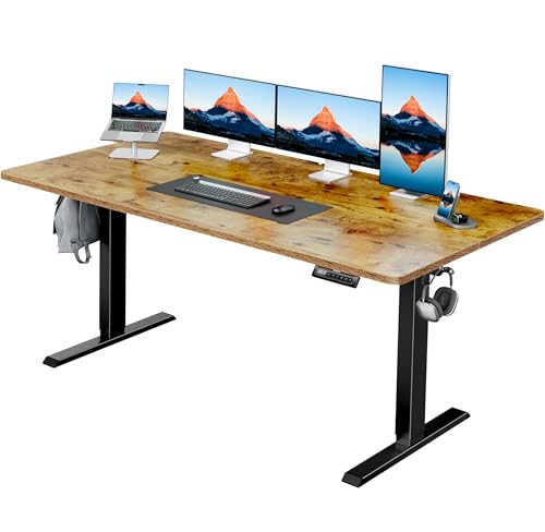 HUANUO 63" x 28" Electric Standing Desk Adjustable Height, 4 Memory Height Settings, Headphone Hook, Cable Manager, Sit Stand Up Desk for Home Office & Computer Workstation, Vintage Brown