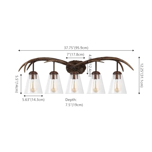 Image of JONATHAN Y 37.75 inch Brown Wood Finish 5-Light Resin Antlers Vanity Light Wall Sconce Rustic Farmhouse for Living Room Bathroom with Clear Seeded Glass Shades LED Bulbs Included JYL6316A