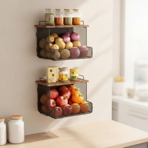 Yajuyi Kitchen Wall Storage Rack Wall Mount Mesh Basket Shelf Organizer With Wooden Top Board Foldable Frame For Vertical Space Saving Suitable for kitchens pantry organization office break rooms - Image 6