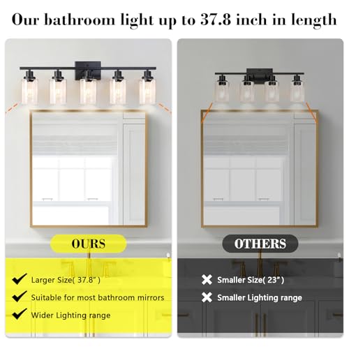 Image of Ascher 5-Light 37.8 inch Wall Sconces, Modern Vanity Light Fixture with Clear Glass Shade, Black Finish Wall Light for Mirror Bedroom Hallway, E26 Base (Bulbs Not Included)