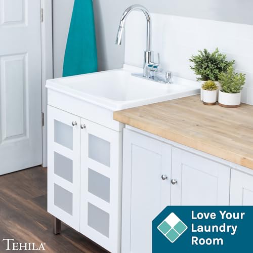 Image of Utility Sink with White Vanity Cabinet by JS Jackson Supplies, Chrome High-Arc Pull-Down Sprayer Faucet, Soap Dispenser and Spacious Vanity for Laundry Room