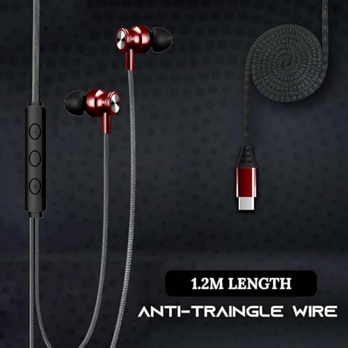 Image of Kratos Tune V4 Red C Type Earphones Wired, Inline Control Type c Headphones with Mic, Sweat Resistant, Comfort Fit Type c Earphone with Volume Control,Metallic c pin Earphones