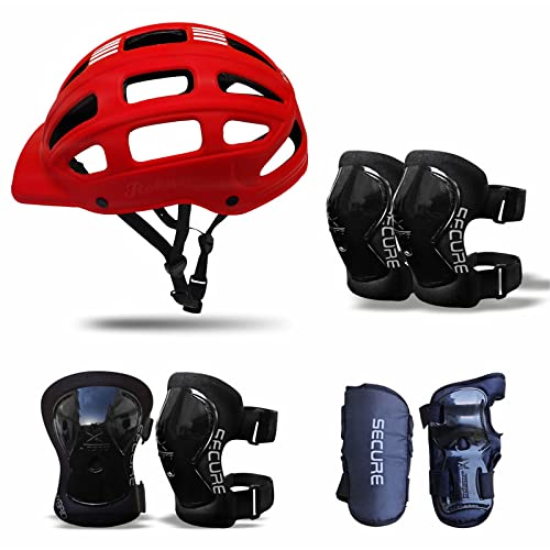 jaspoHelmet, Elbow Guard, Wrist Guard, Knee Guard/Pad |Protective Gear Set for Biking, Riding, Cycling and Multi Sports Safety Protection (S) Red