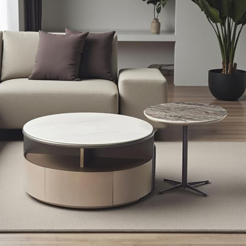 Image of The Attic Aura Marble Coffee Table Set with Storage | Modern Round Table Set with Smart Storage & Seating | Luxury Center Table for Living Room Elegance