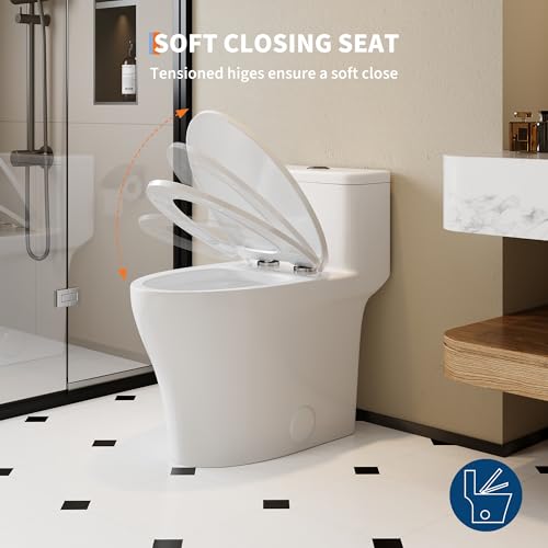 Image of One-Piece Toilets, Low Water Tank, ADA 17.5 inch Seat Height, Water-Saving Design, Compact Modern Bathroom Toilet