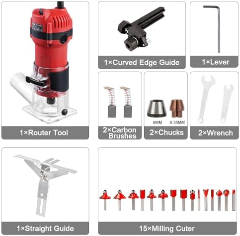 TEENO Compact Wood Router Tool, Electric Hand Wood Trimmer 800W 31000 RPM Hand Trim Router with 15 Pcs 1/4" Bits Set, Edge Guide, Roller Guide with Carrying Case