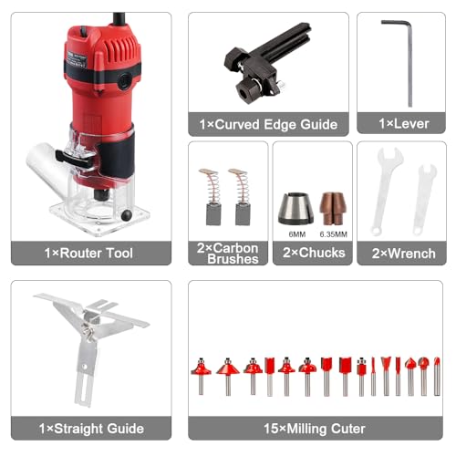 TEENO Compact Wood Router Tool, Electric Hand Wood Trimmer 800W 31000 RPM Hand Trim Router with 15 Pcs 1/4" Bits Set, Edge Guide, Roller Guide with Carrying Case