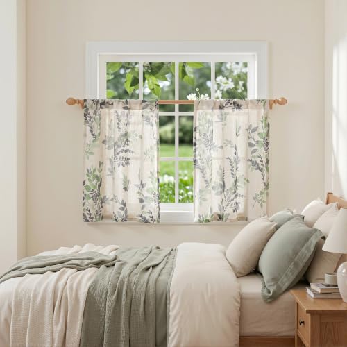 Image of MYSKY HOME Linen Tier Patterned Curtains Over Sink 36 Inch Long Set of 2 Light Filtering Privacy Half Window Curtains with Rod Pocket for Kitchen, Cabinet, Basement, Camper, Green, 30 inch W Each Panel