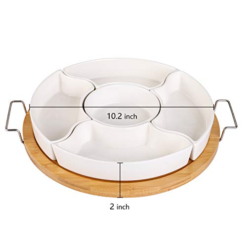 Yarlung 10 Inch Ceramic Divided Serving Dishes With Bamboo Platter, Appetizer Tray 5 Removable Snacks Bowls For Candy And Nut, Chips And Dips, No Lid Included #TOP2