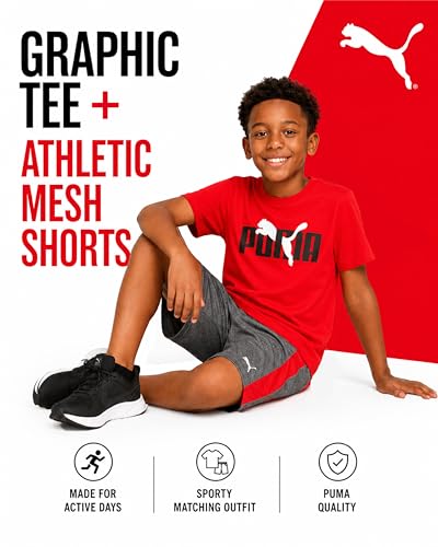 Image of PUMA Boys Short Set - 2 Piece Short Sleeve Crewneck Performance Graphic Tees and Athletic Mesh Shorts for Boys (Sizes: 4-16)