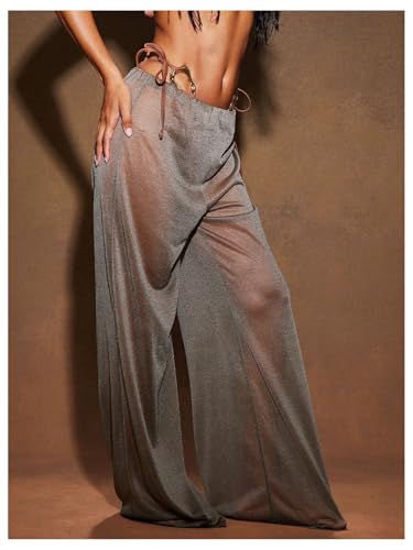 Floerns Women's Elastic Waist Sheer Mesh Shiny Pants Wide Leg Cover Up Vacation Trousers4
